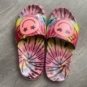 Girls slides size 12. Rainbow / happy face. Slightly worn